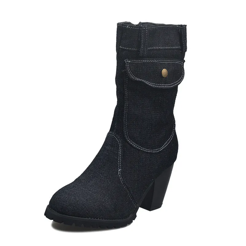 Women's Stylish High Heeled Denim Ankle Boots