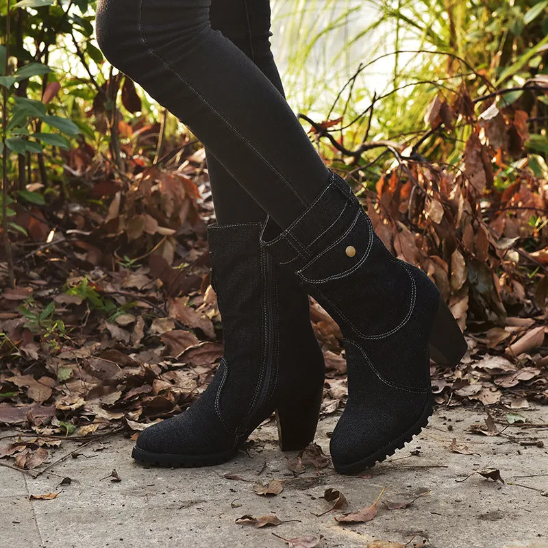 Women's Stylish High Heeled Denim Ankle Boots
