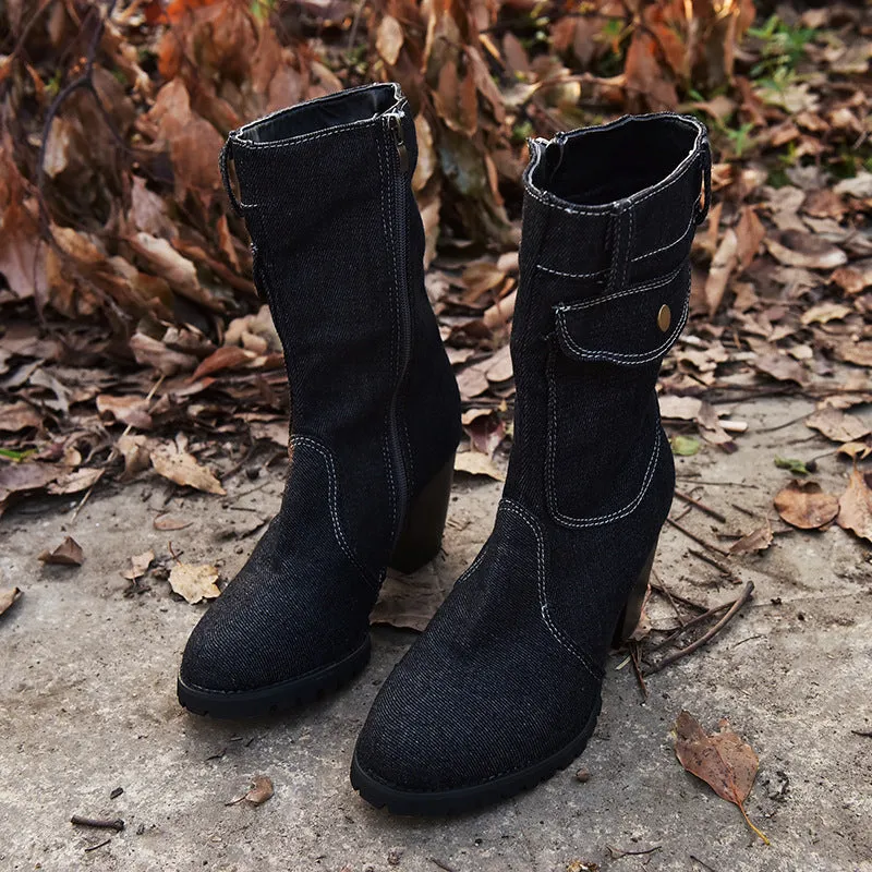 Women's Stylish High Heeled Denim Ankle Boots