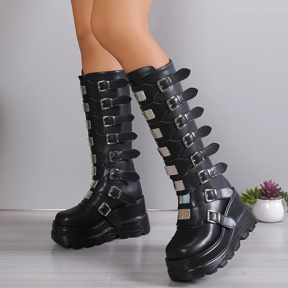 Womens Trendy Wedge Heel Boots with Stylish Buckles