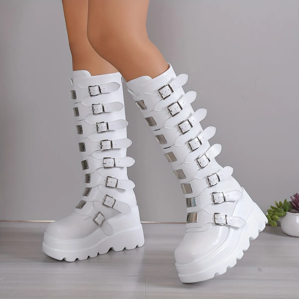Womens Trendy Wedge Heel Boots with Stylish Buckles