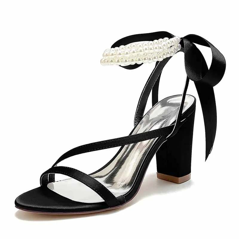 Women's Wedding Shoes Satin Block Heel Open Toe Wedding Sandals Bridal Shoes
