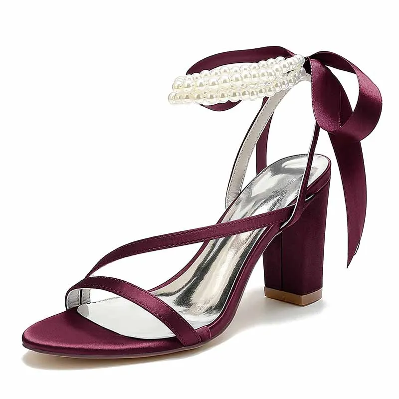Women's Wedding Shoes Satin Block Heel Open Toe Wedding Sandals Bridal Shoes
