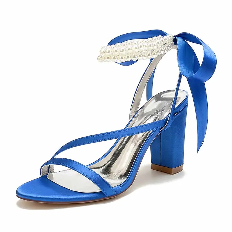 Women's Wedding Shoes Satin Block Heel Open Toe Wedding Sandals Bridal Shoes