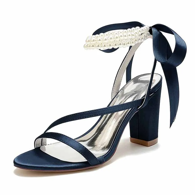 Women's Wedding Shoes Satin Block Heel Open Toe Wedding Sandals Bridal Shoes