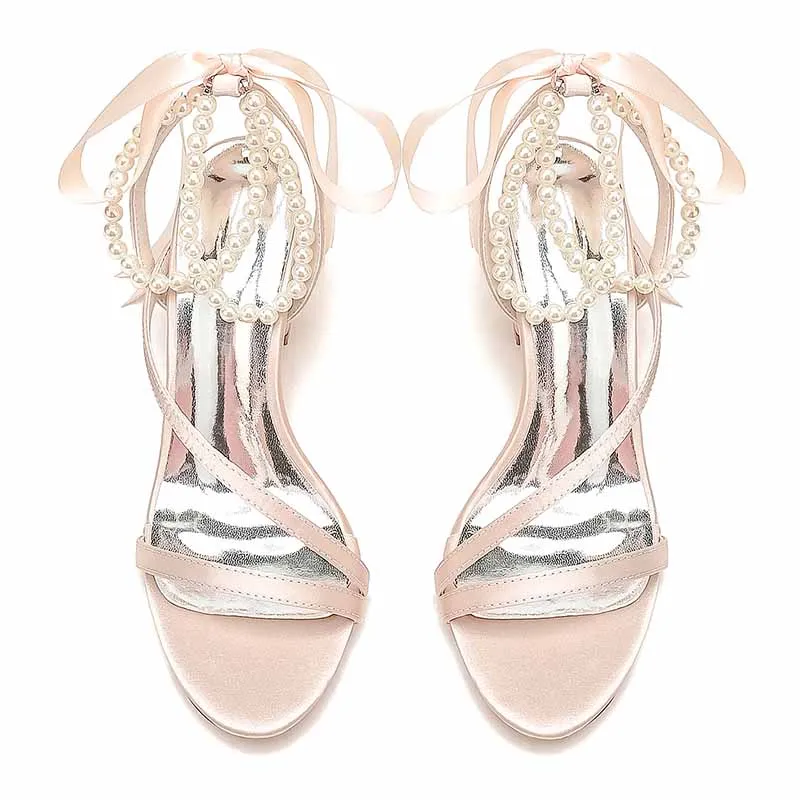 Women's Wedding Shoes Satin Block Heel Open Toe Wedding Sandals Bridal Shoes