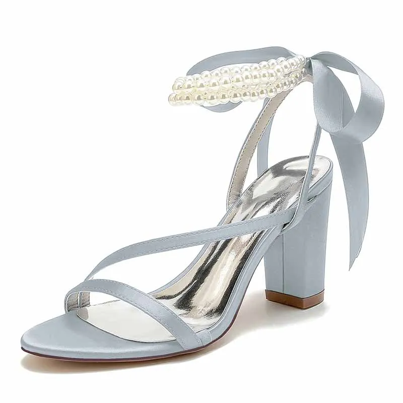 Women's Wedding Shoes Satin Block Heel Open Toe Wedding Sandals Bridal Shoes