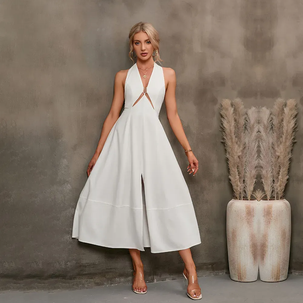 Wynn Backless Halter Neck Cutout A-Line Midi Dress