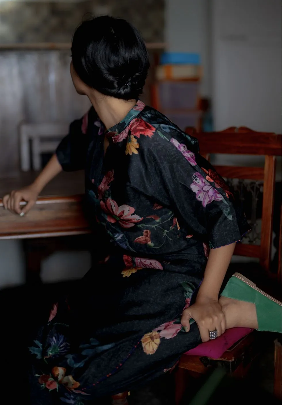 YAM   I  Vaucluse  GARDEN OF PARADISE - CHARCOAL SET KURTA SET PURE SILK HABUTAI BLACK Festive Collections YAMKU25