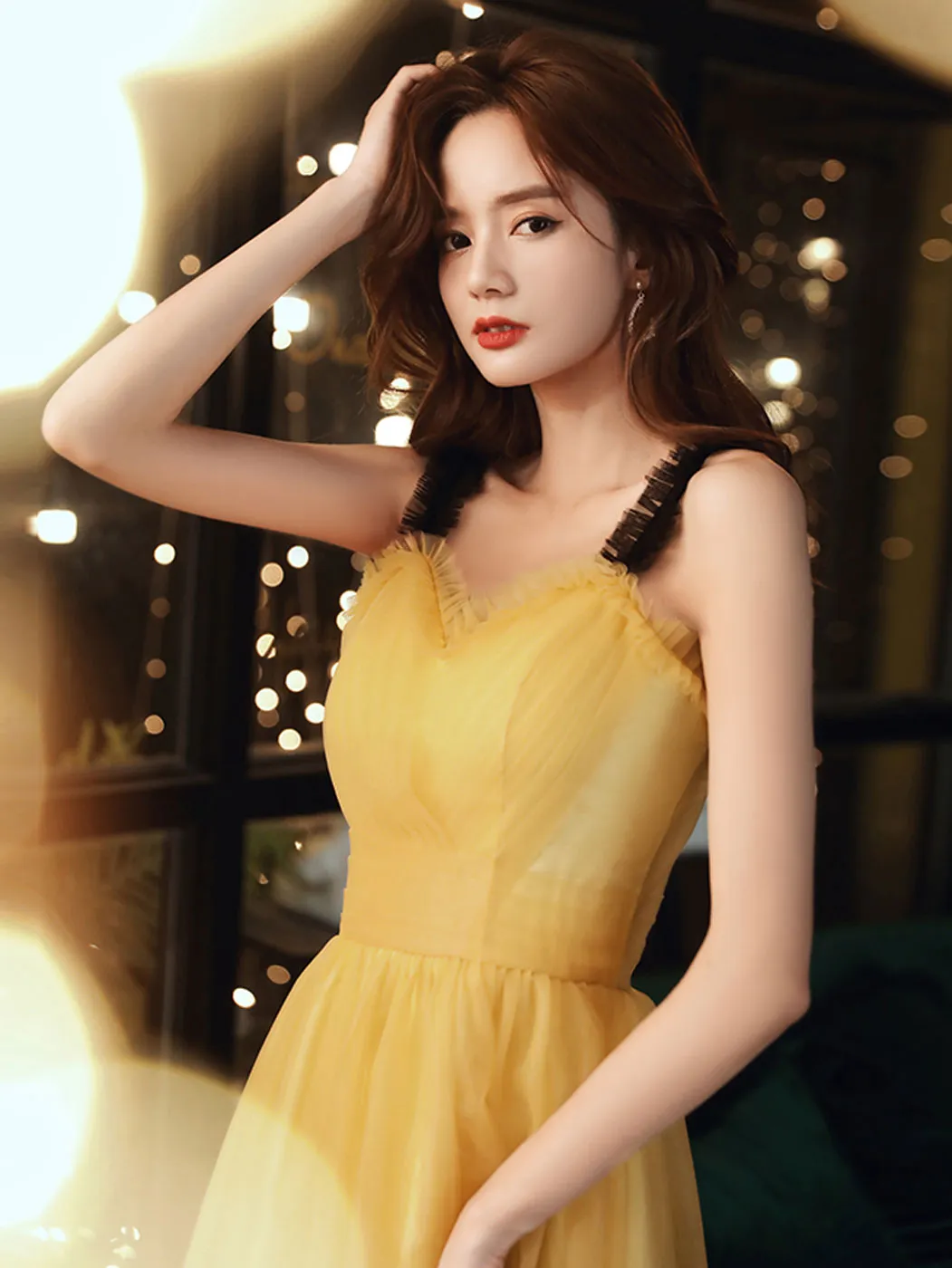 Yellow A line tulle tea length prom dress yellow formal dress