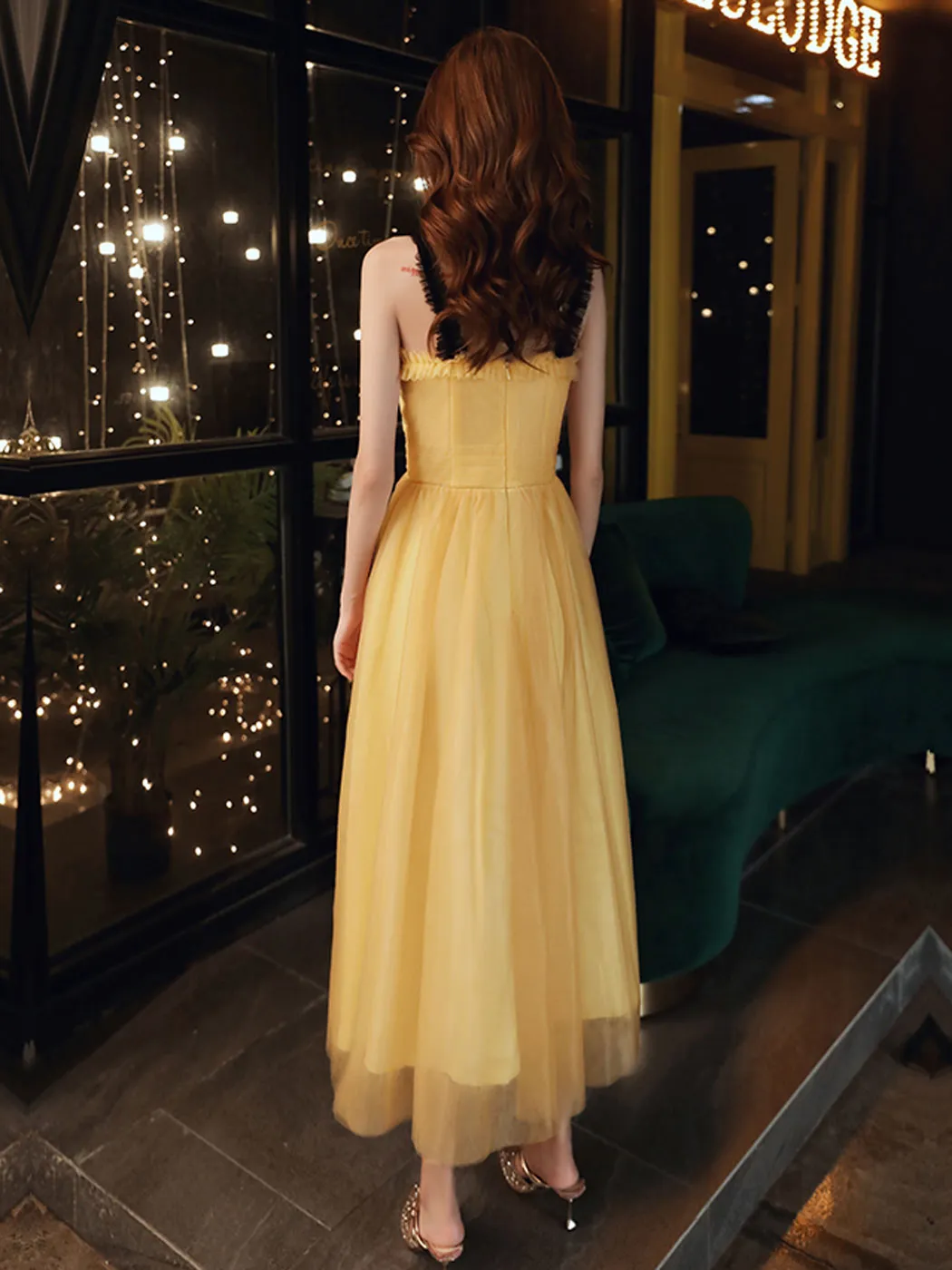 Yellow A line tulle tea length prom dress yellow formal dress