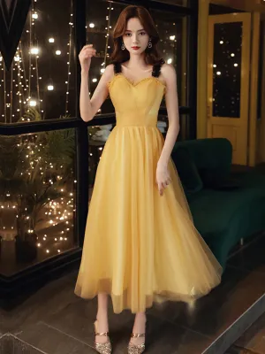 Yellow A line tulle tea length prom dress yellow formal dress