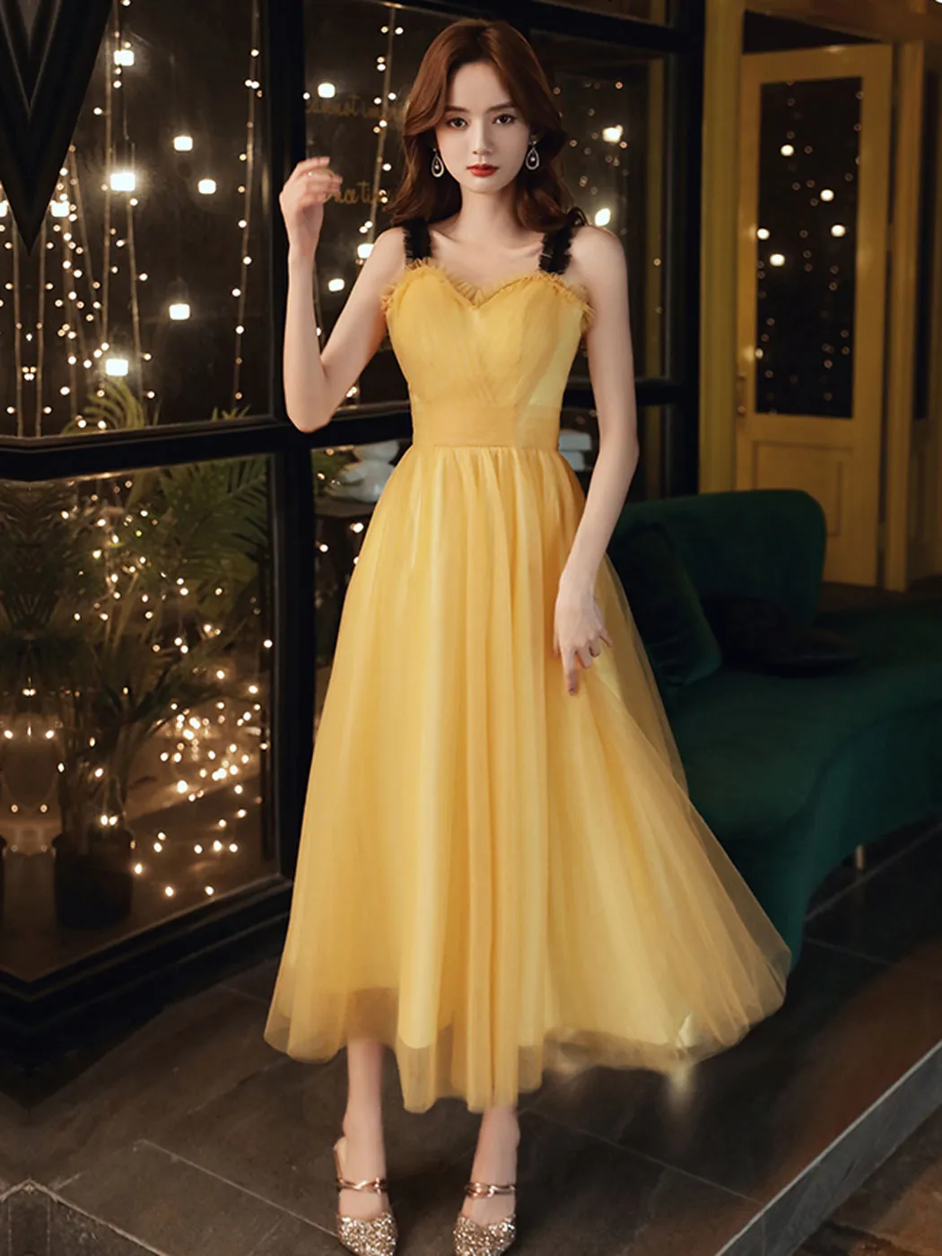 Yellow A line tulle tea length prom dress yellow formal dress
