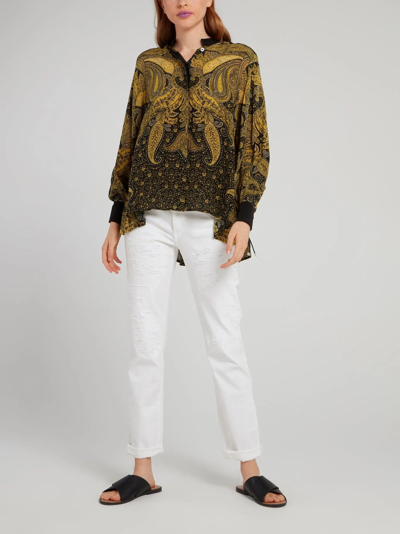 Yellow Baroque Print Crepe De Chine Shirt