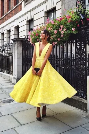 Yellow Lace A Line Deep V Neck Prom Dresses,Homecoming Dresses OK977