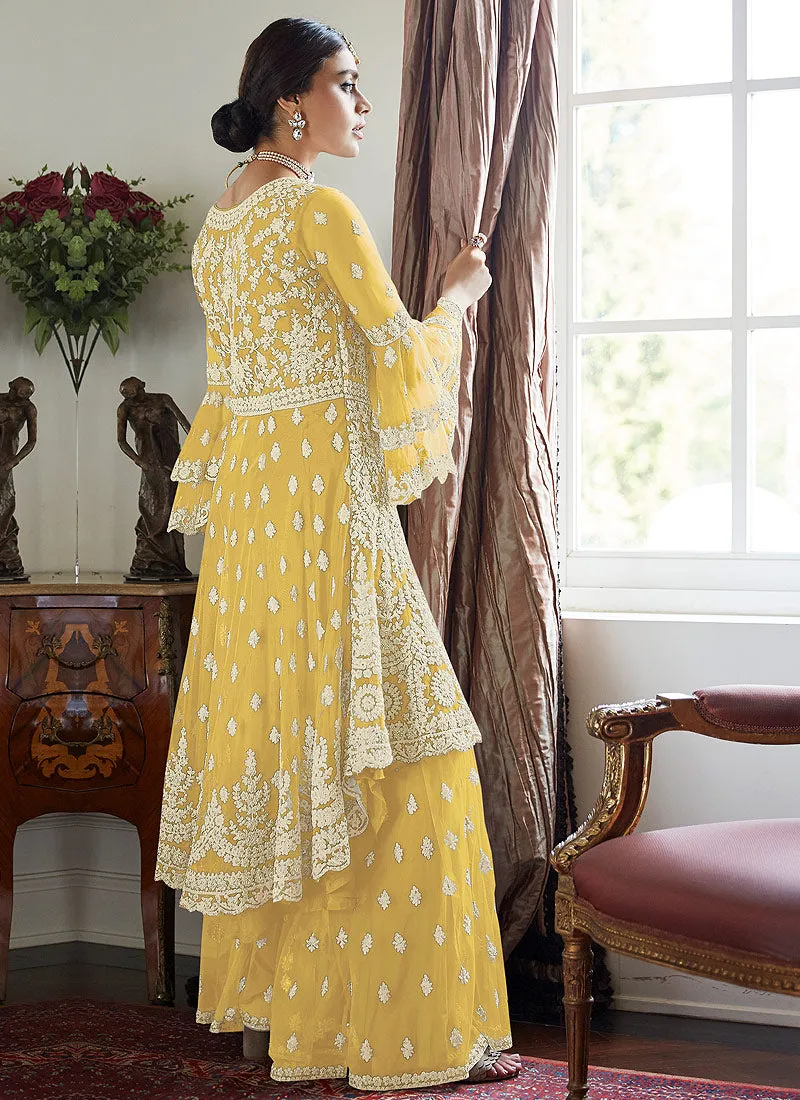 Yellow Multi Embroidered Designer Sharara Suit