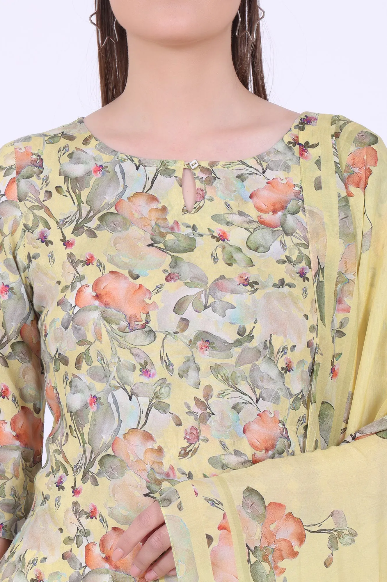 Yellow Printed Straight Kurta with Palazzo & Dupatta Set